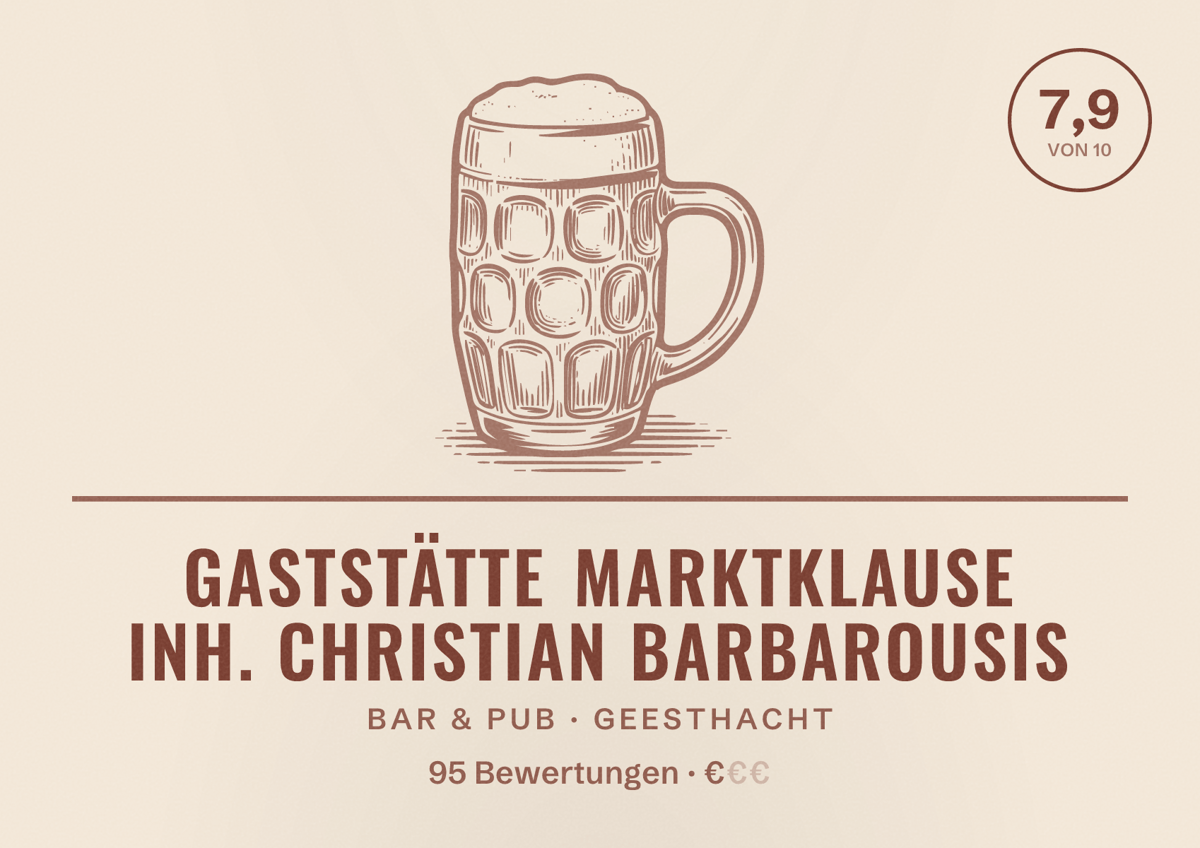 Illustriertes Poster von Gaststätte Marktklause Inh. Christian Barbarousis, Bar & Pub in Geesthacht: Bewertung 7,9 von 10 aus 95 Bewertungen, Preisniveau €
