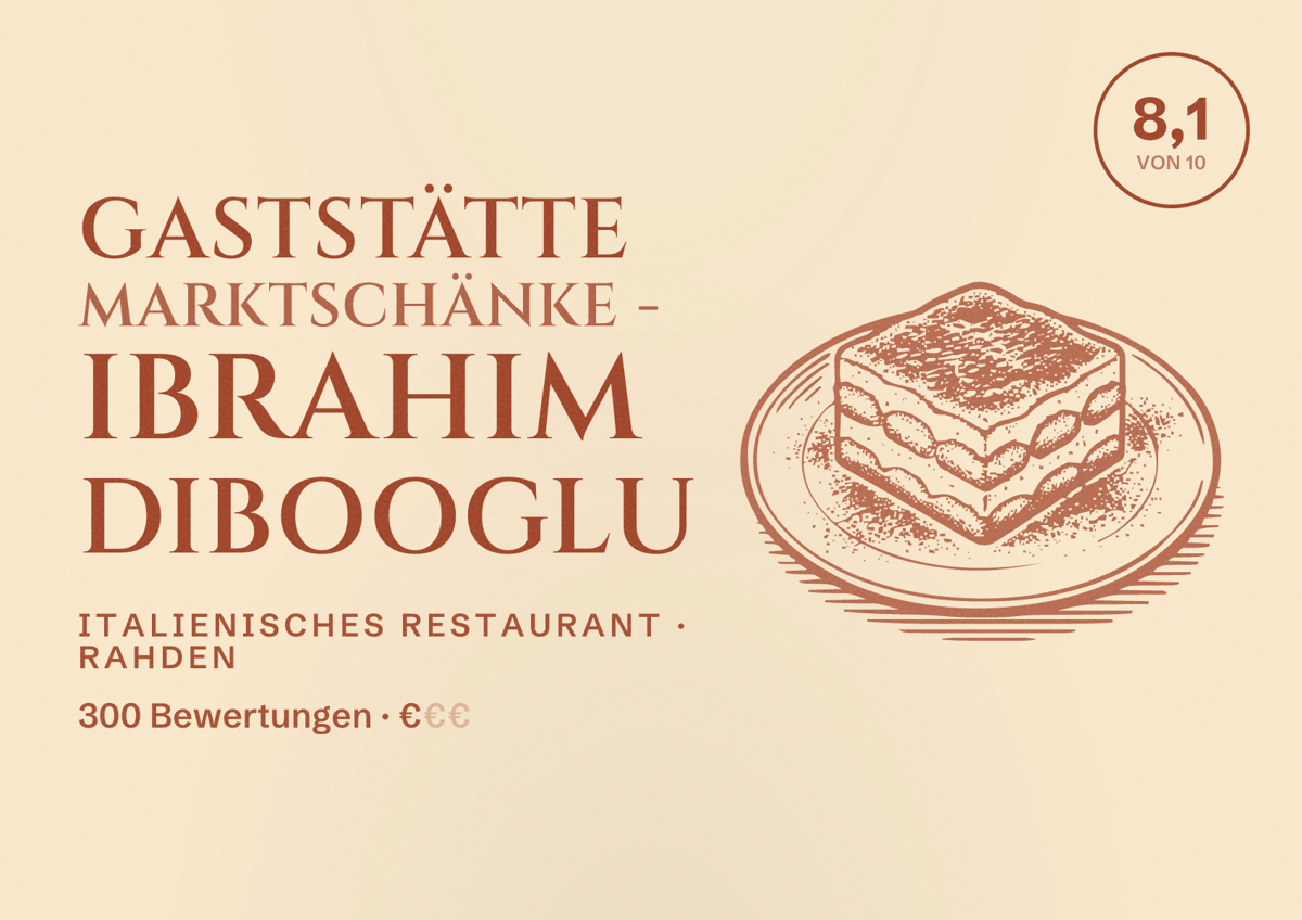 Illustriertes Poster von Gaststätte Marktschänke - Ibrahim Dibooglu, Italienisches Restaurant in Rahden: Bewertung 8,1 von 10 aus 300 Bewertungen, Preisniveau €