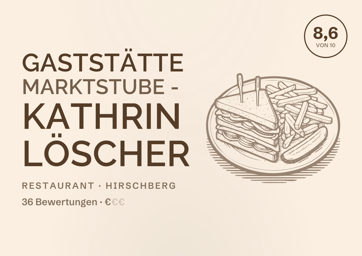 Illustriertes Poster von Gaststätte Marktstube - Kathrin Löscher, Restaurant in Hirschberg: Bewertung 8,6 von 10 aus 36 Bewertungen, Preisniveau €