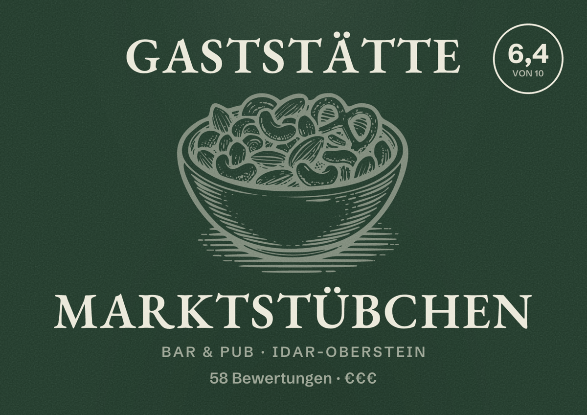 Illustriertes Poster von Gaststätte Marktstübchen, Bar & Pub in Idar-Oberstein: Bewertung 6,4 von 10 aus 58 Bewertungen, Preisniveau €€€