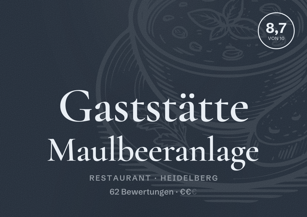 Illustriertes Poster von Gaststätte Maulbeeranlage, Restaurant in Heidelberg: Bewertung 8,7 von 10 aus 62 Bewertungen, Preisniveau €€