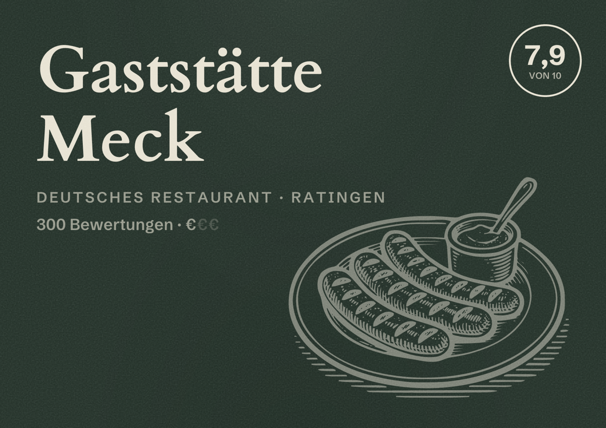 Illustriertes Poster von Gaststätte Meck, Deutsches Restaurant in Ratingen: Bewertung 7,9 von 10 aus 300 Bewertungen, Preisniveau €