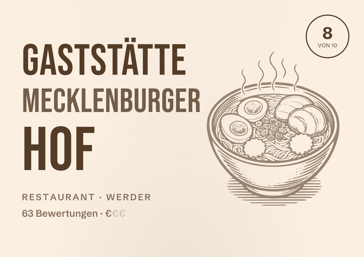 Illustriertes Poster von Gaststätte Mecklenburger Hof, Restaurant in Werder: Bewertung 8 von 10 aus 63 Bewertungen, Preisniveau €