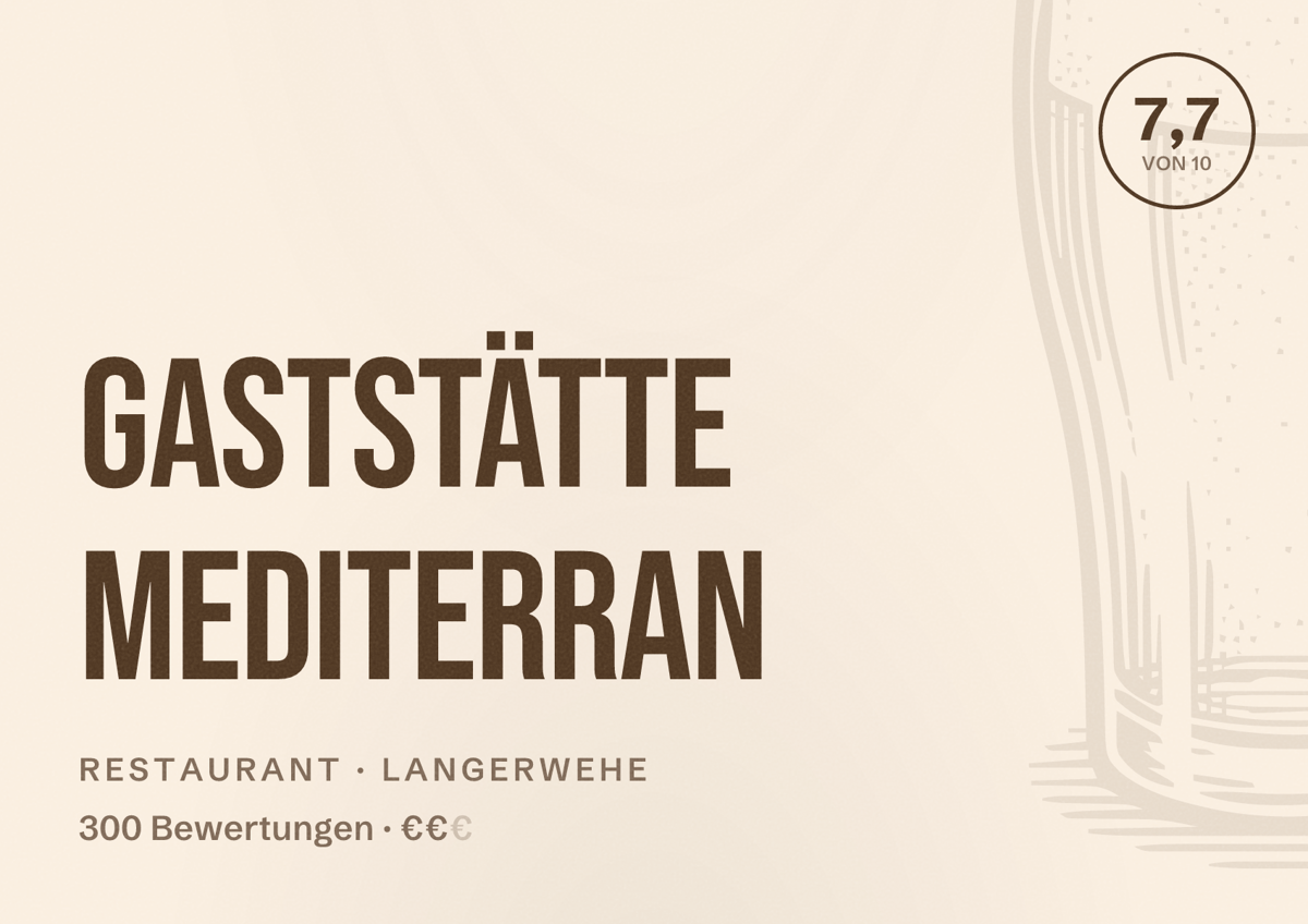 Illustriertes Poster von Gaststätte Mediterran, Restaurant in Langerwehe: Bewertung 7,7 von 10 aus 300 Bewertungen, Preisniveau €€
