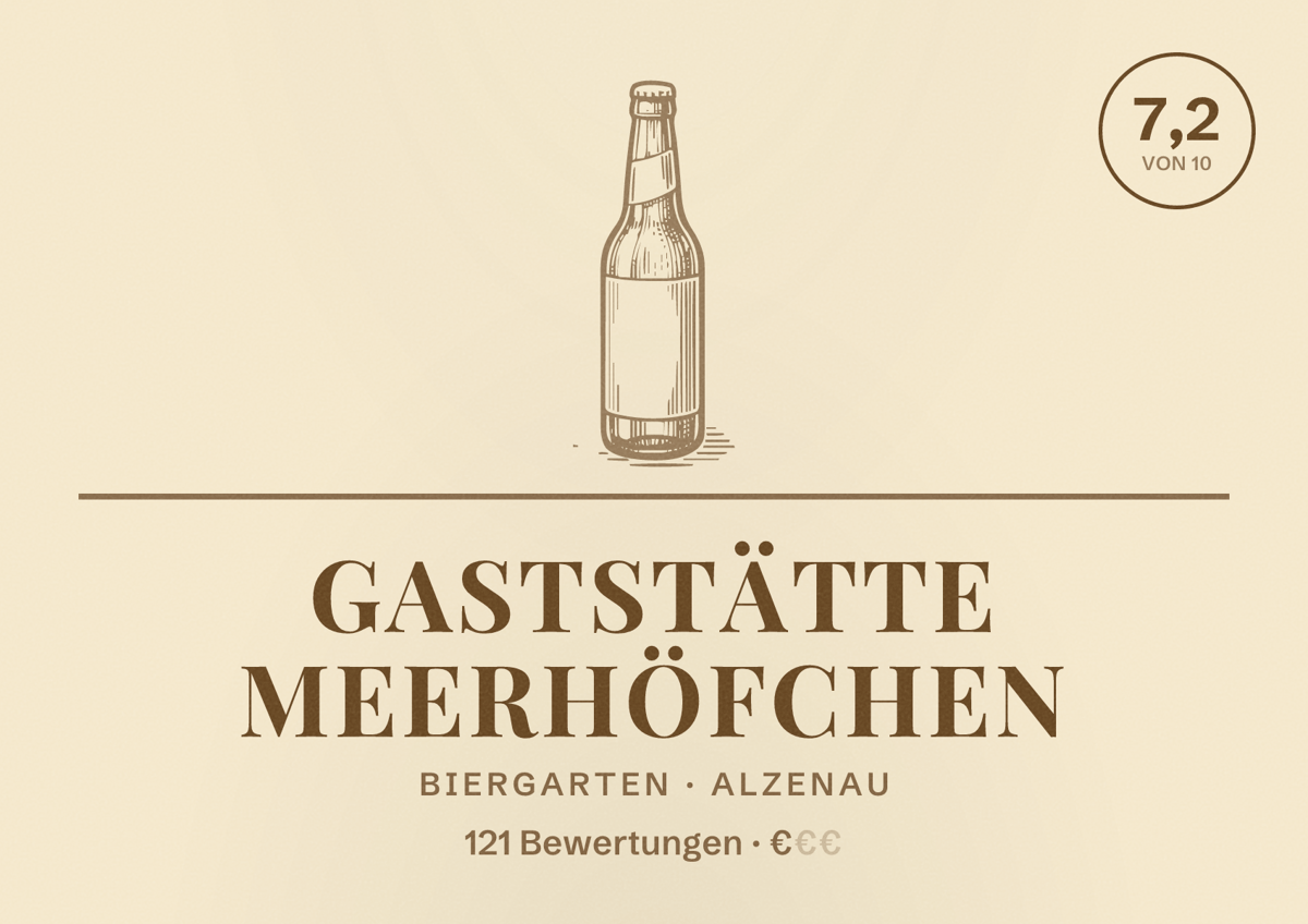 Illustriertes Poster von Gaststätte Meerhöfchen, Biergarten in Alzenau: Bewertung 7,2 von 10 aus 121 Bewertungen, Preisniveau €
