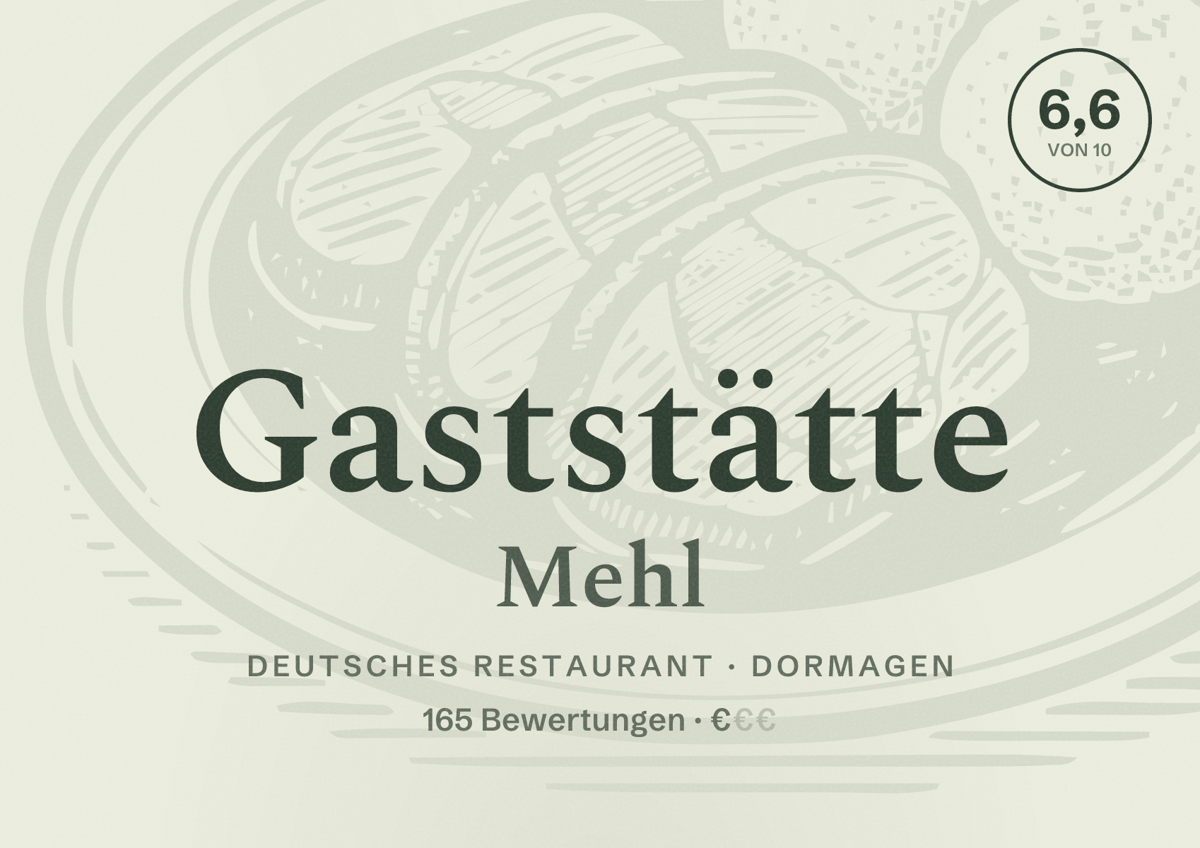 Illustriertes Poster von Gaststätte Mehl, Deutsches Restaurant in Dormagen: Bewertung 6,6 von 10 aus 165 Bewertungen, Preisniveau €