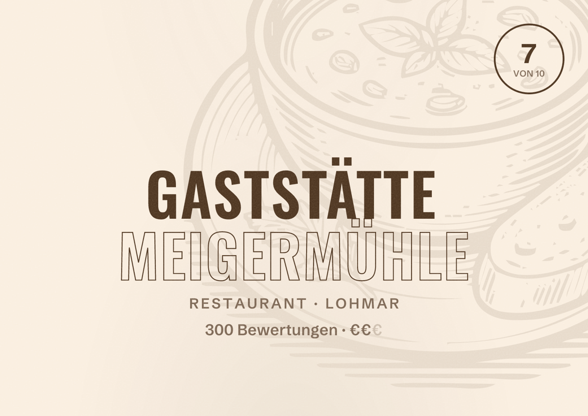 Illustriertes Poster von Gaststätte Meigermühle, Restaurant in Lohmar: Bewertung 7 von 10 aus 300 Bewertungen, Preisniveau €€