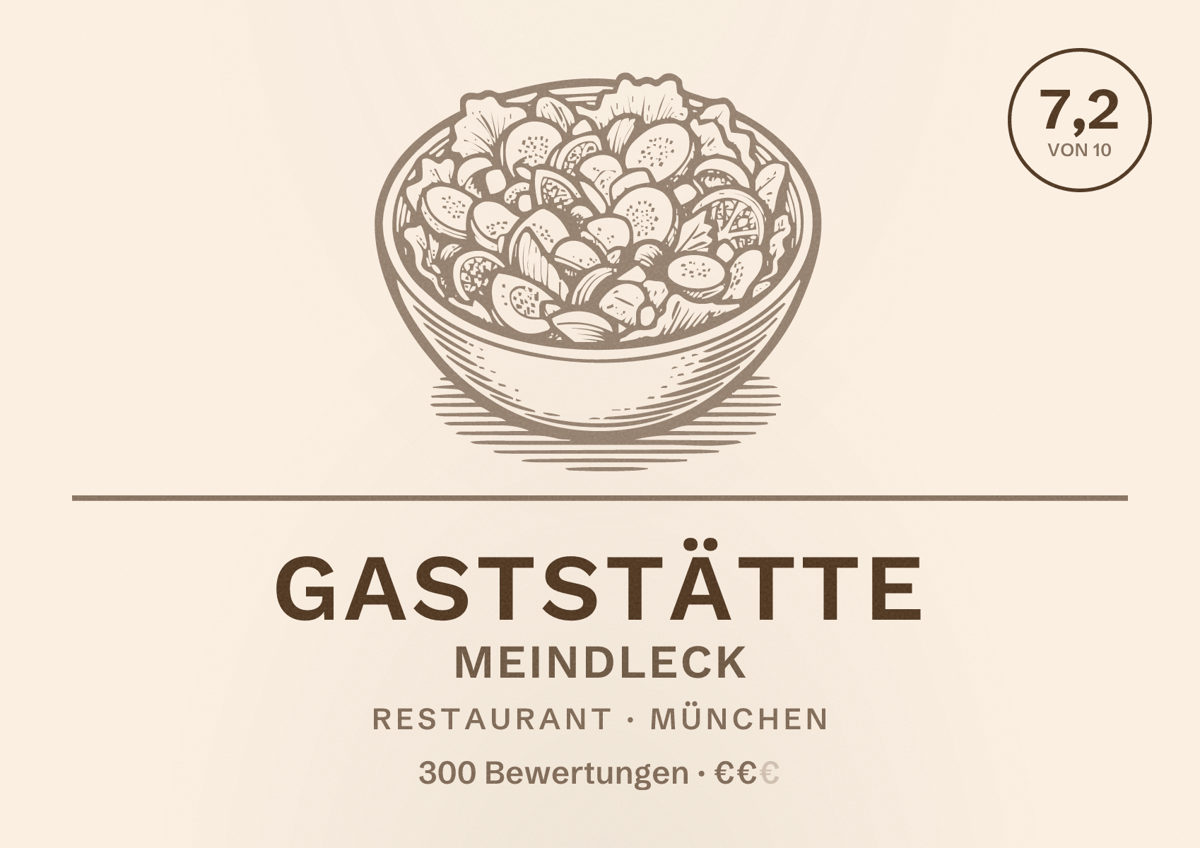 Illustriertes Poster von Gaststätte Meindleck, Restaurant in München: Bewertung 7,2 von 10 aus 300 Bewertungen, Preisniveau €€
