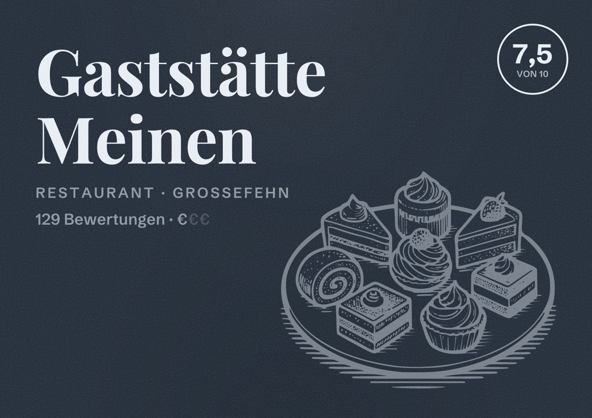 Illustriertes Poster von Gaststätte Meinen, Restaurant in Großefehn: Bewertung 7,5 von 10 aus 129 Bewertungen, Preisniveau €