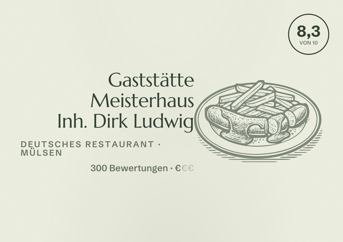 Illustriertes Poster von Gaststätte Meisterhaus Inh. Dirk Ludwig, Deutsches Restaurant in Mülsen: Bewertung 8,3 von 10 aus 300 Bewertungen, Preisniveau €