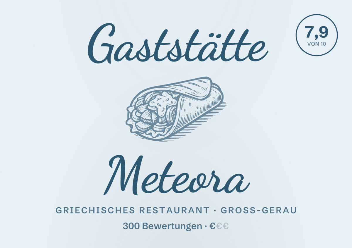 Illustriertes Poster von Gaststätte Meteora, Griechisches Restaurant in Groß-Gerau: Bewertung 7,9 von 10 aus 300 Bewertungen, Preisniveau €
