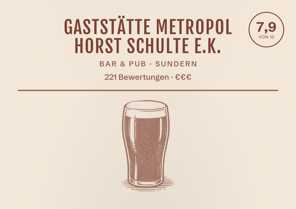 Illustriertes Poster von Gaststätte Metropol Horst Schulte e.K., Bar & Pub in Sundern: Bewertung 7,9 von 10 aus 221 Bewertungen, Preisniveau €€€