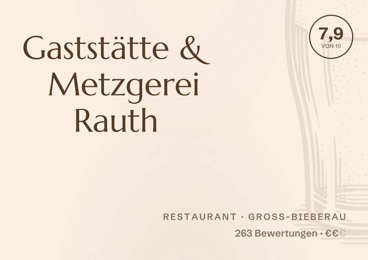 Illustriertes Poster von Gaststätte & Metzgerei Rauth, Restaurant in Groß-Bieberau: Bewertung 7,9 von 10 aus 263 Bewertungen, Preisniveau €€