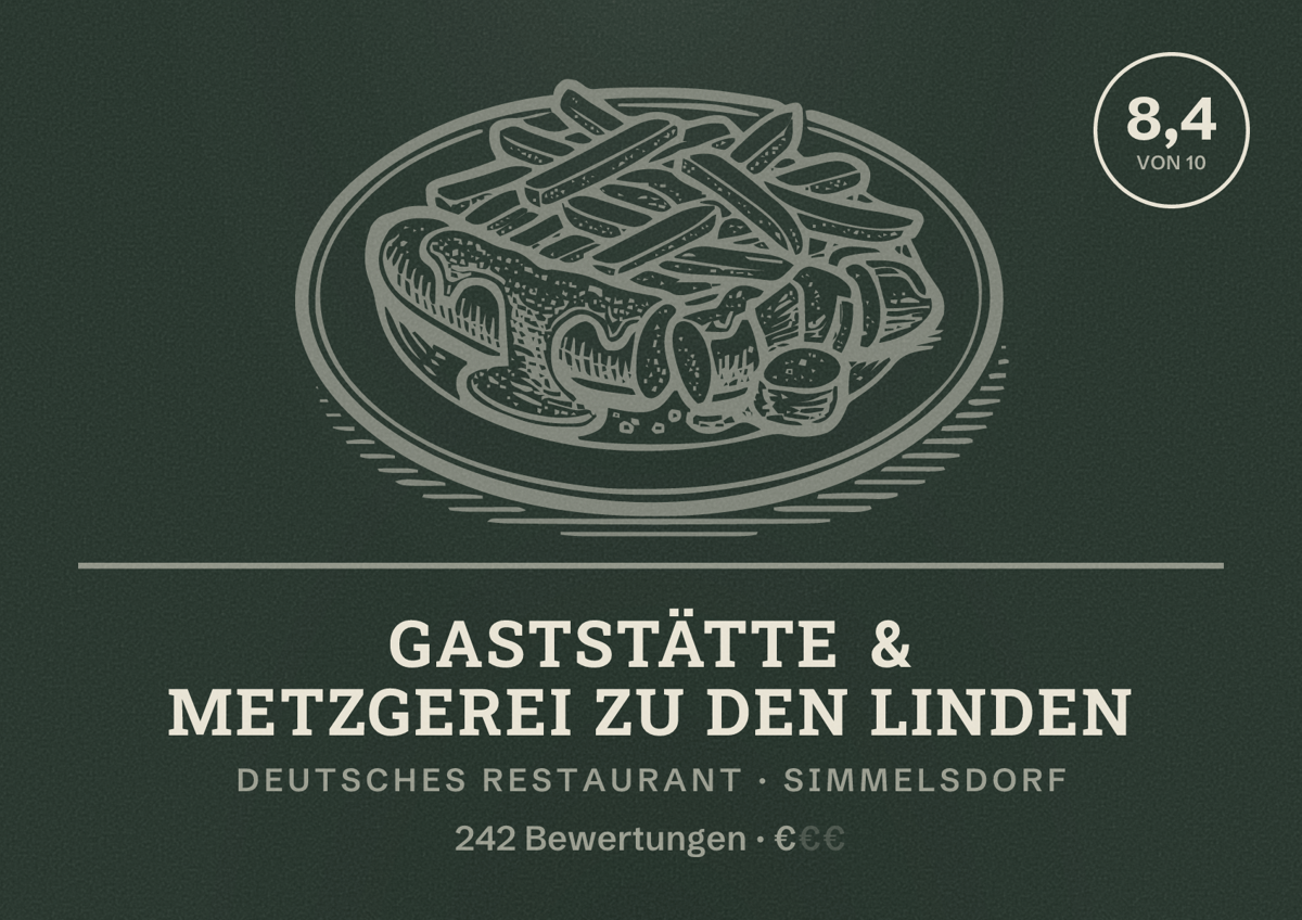 Illustriertes Poster von Gaststätte & Metzgerei Zu den Linden, Deutsches Restaurant in Simmelsdorf: Bewertung 8,4 von 10 aus 242 Bewertungen, Preisniveau €