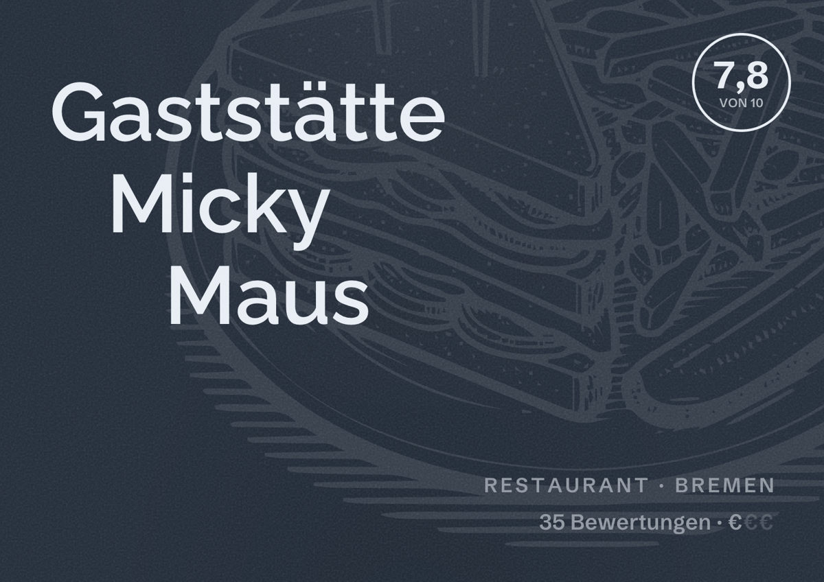 Illustriertes Poster von Gaststätte Micky Maus, Restaurant in Bremen: Bewertung 7,8 von 10 aus 35 Bewertungen, Preisniveau €