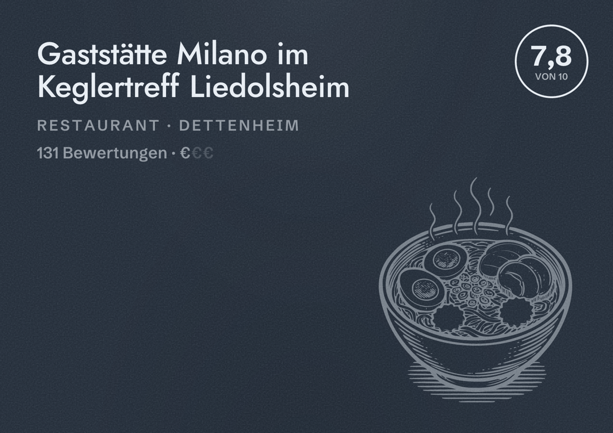 Illustriertes Poster von Gaststätte Milano im Keglertreff Liedolsheim, Restaurant in Dettenheim: Bewertung 7,8 von 10 aus 131 Bewertungen, Preisniveau €