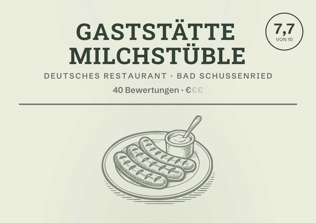 Illustriertes Poster von Gaststätte Milchstüble, Deutsches Restaurant in Bad Schussenried: Bewertung 7,7 von 10 aus 40 Bewertungen, Preisniveau €