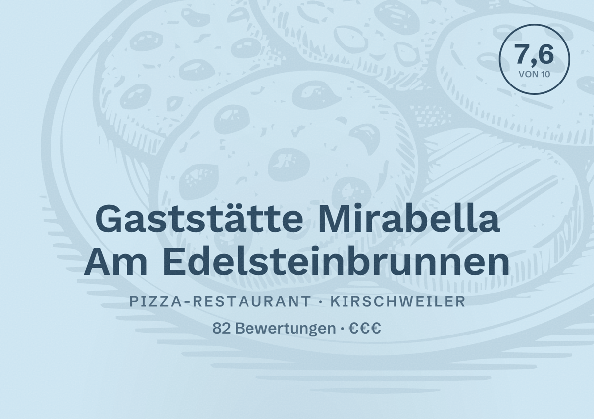 Illustriertes Poster von Gaststätte Mirabella Am Edelsteinbrunnen, Pizza-Restaurant in Kirschweiler: Bewertung 7,6 von 10 aus 82 Bewertungen, Preisniveau €€€