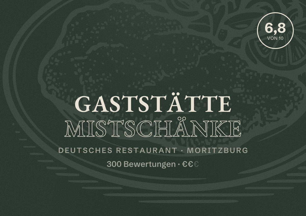 Illustriertes Poster von Gaststätte Mistschänke, Deutsches Restaurant in Moritzburg: Bewertung 6,8 von 10 aus 300 Bewertungen, Preisniveau €€