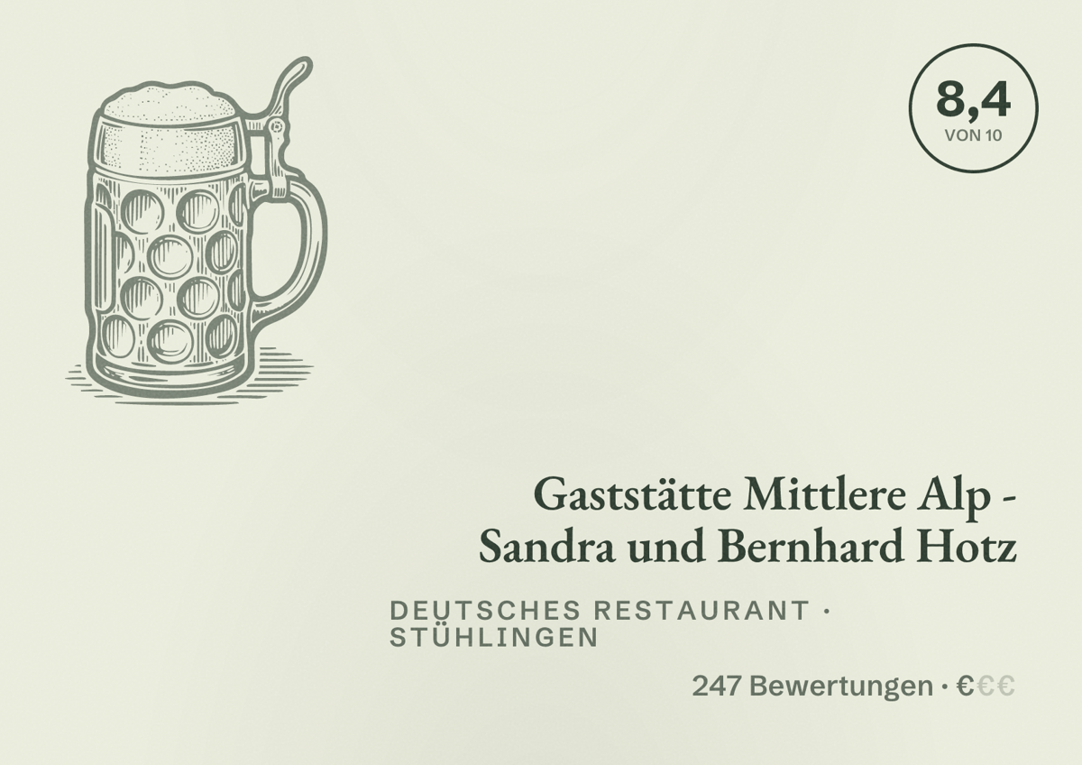 Illustriertes Poster von Gaststätte Mittlere Alp - Sandra und Bernhard Hotz, Deutsches Restaurant in Stühlingen: Bewertung 8,4 von 10 aus 247 Bewertungen, Preisniveau €