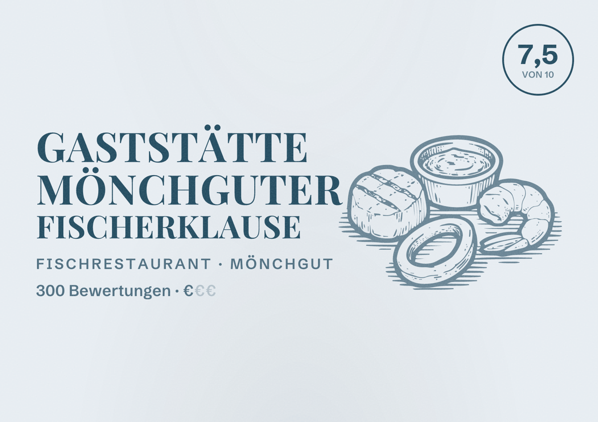 Illustriertes Poster von Gaststätte Mönchguter Fischerklause, Fischrestaurant in Mönchgut: Bewertung 7,5 von 10 aus 300 Bewertungen, Preisniveau €