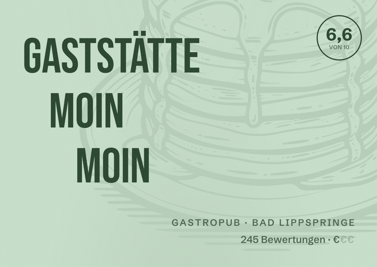 Illustriertes Poster von Gaststätte Moin Moin, Gastropub in Bad Lippspringe: Bewertung 6,6 von 10 aus 245 Bewertungen, Preisniveau €