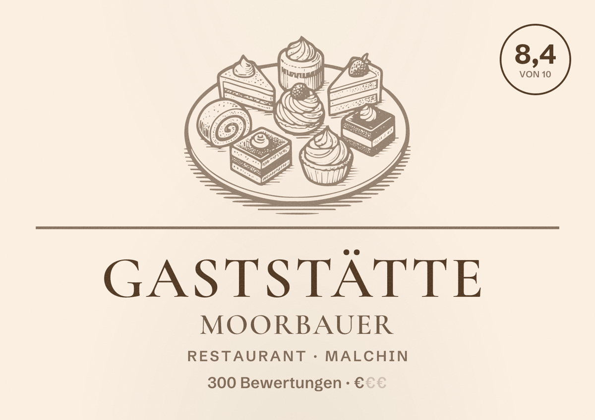 Illustriertes Poster von Gaststätte Moorbauer, Restaurant in Malchin: Bewertung 8,4 von 10 aus 300 Bewertungen, Preisniveau €
