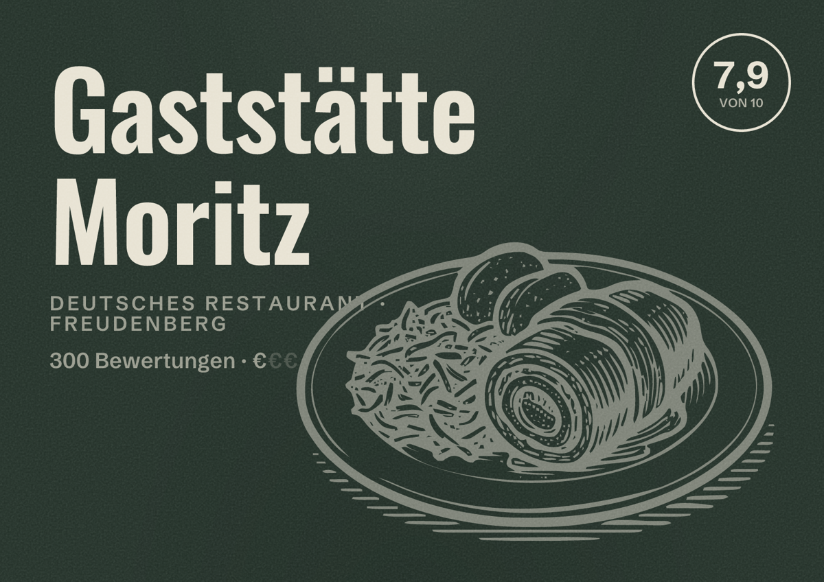 Illustriertes Poster von Gaststätte Moritz, Deutsches Restaurant in Freudenberg: Bewertung 7,9 von 10 aus 300 Bewertungen, Preisniveau €