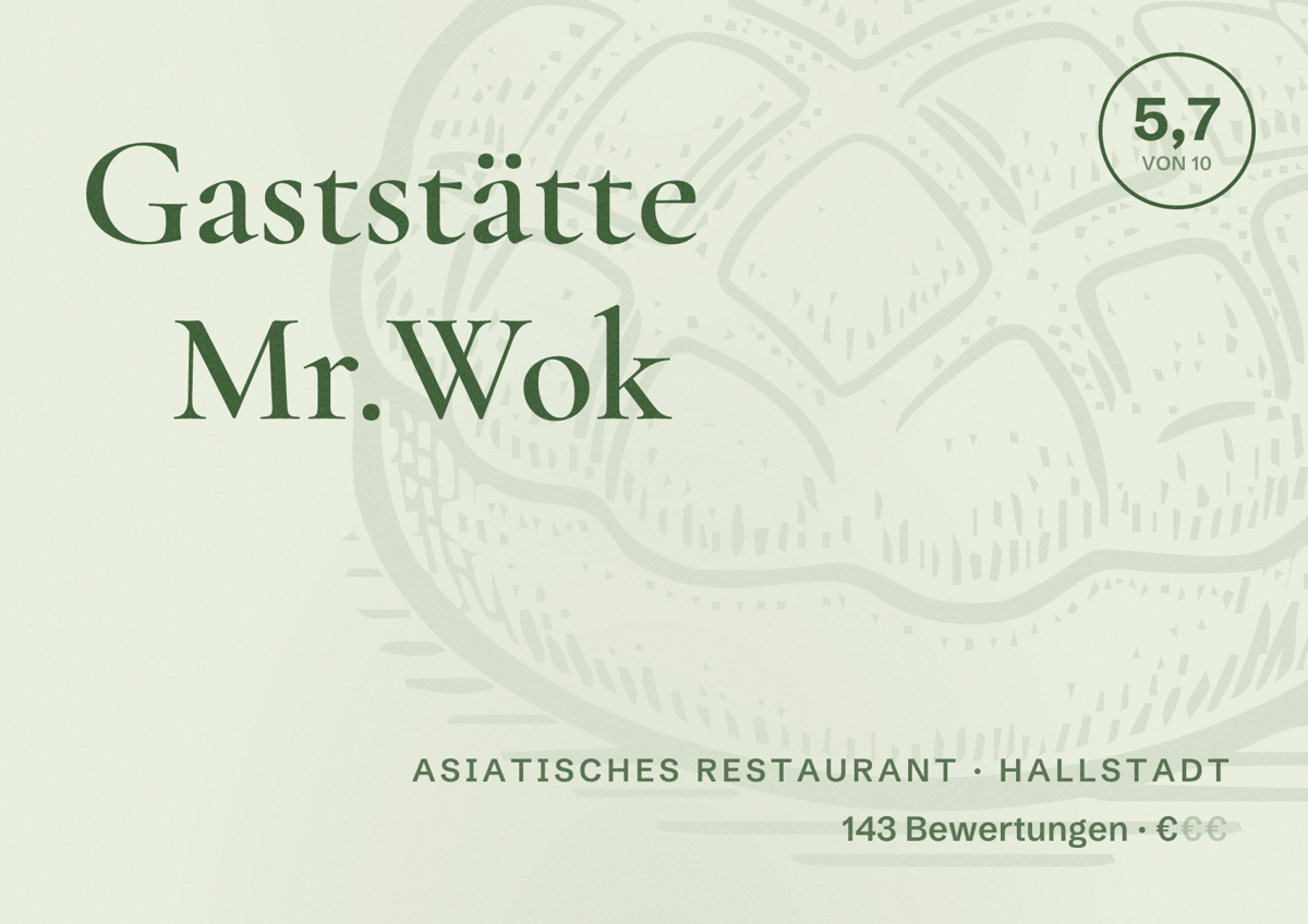 Illustriertes Poster von Gaststätte Mr.Wok, Asiatisches Restaurant in Hallstadt: Bewertung 5,7 von 10 aus 143 Bewertungen, Preisniveau €