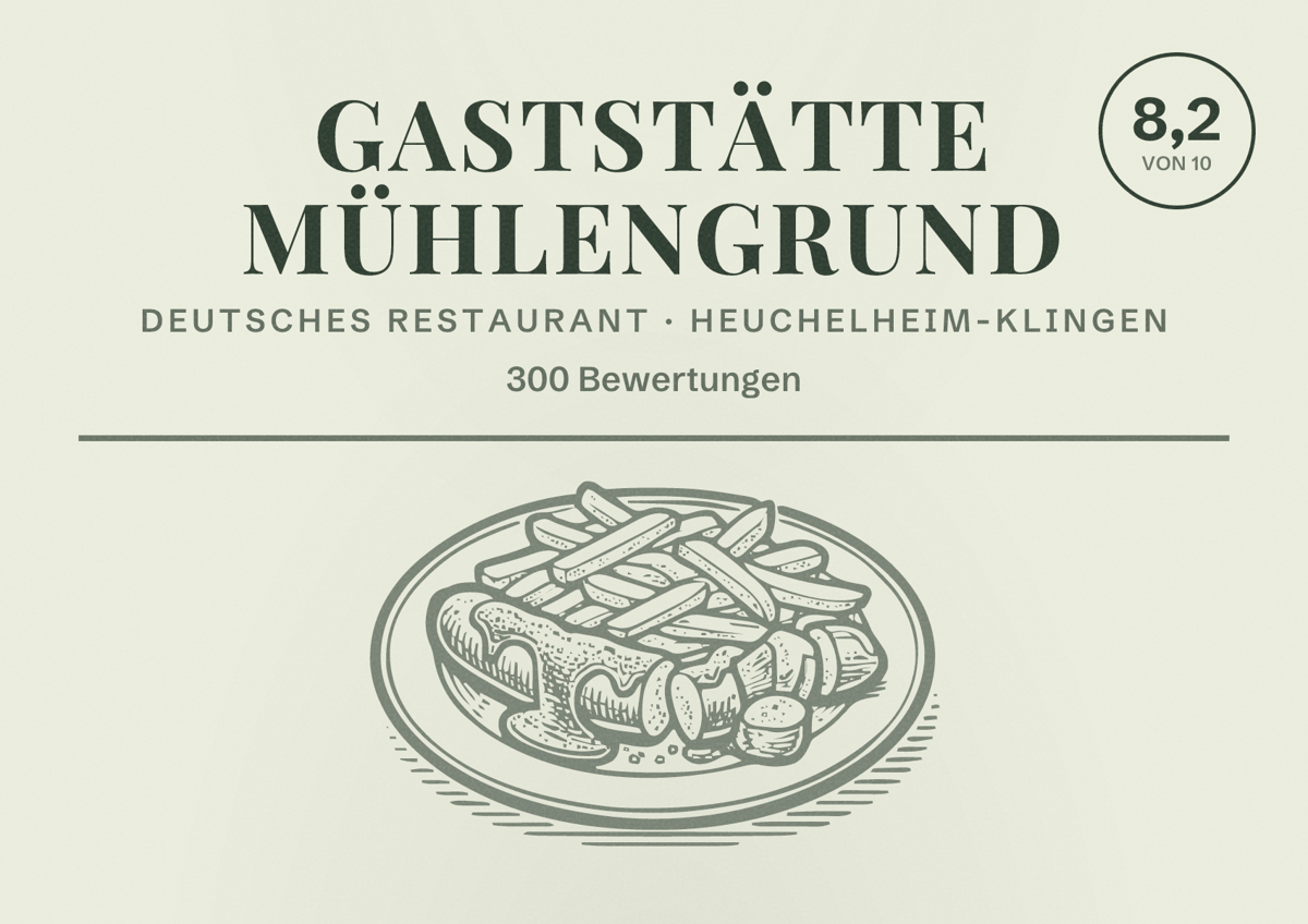 Illustriertes Poster von Gaststätte Mühlengrund, Deutsches Restaurant in Heuchelheim-Klingen: Bewertung 8,2 von 10 aus 300 Bewertungen