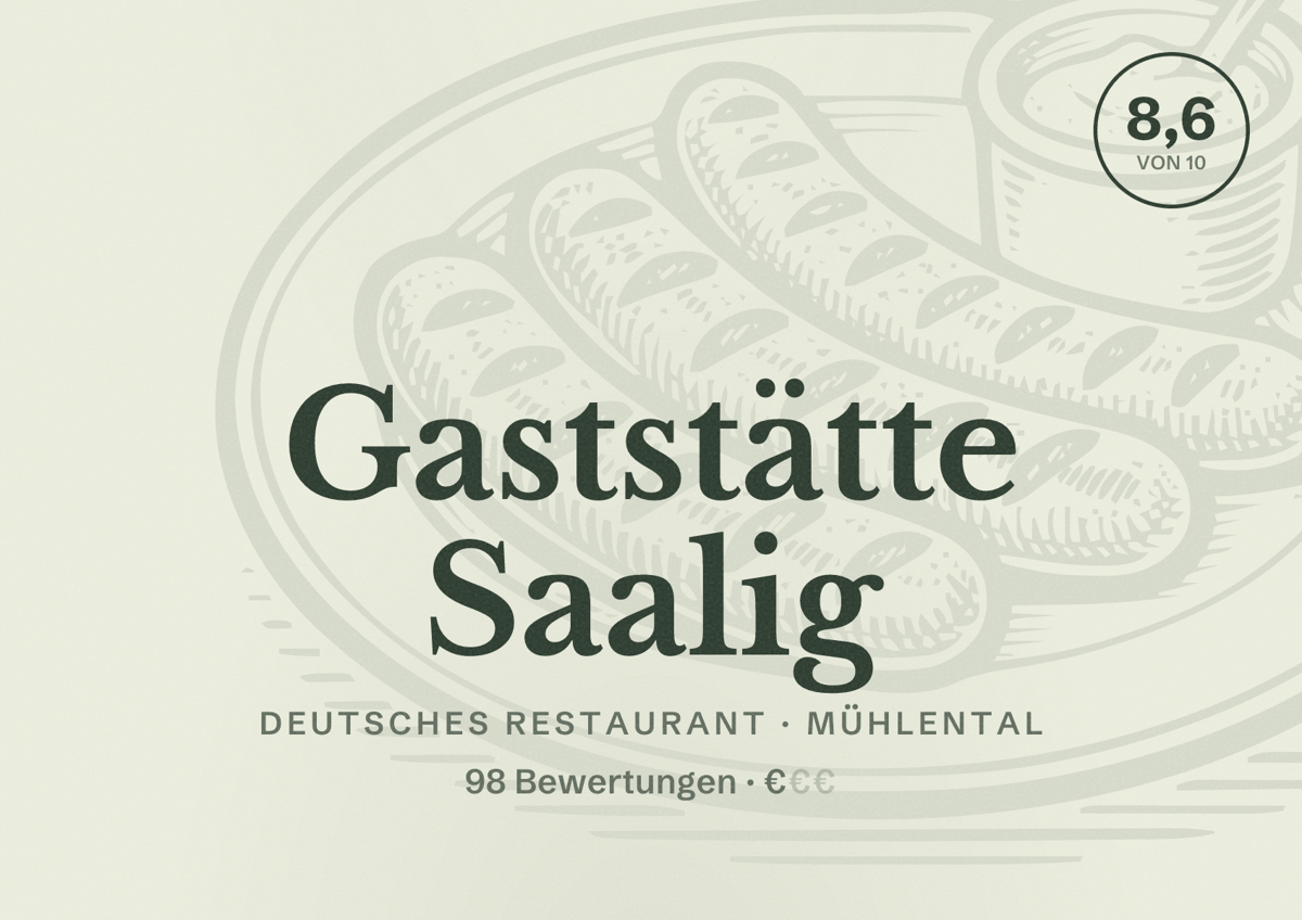 Illustriertes Poster von Gaststätte Saalig, Deutsches Restaurant in Mühlental: Bewertung 8,6 von 10 aus 98 Bewertungen, Preisniveau €