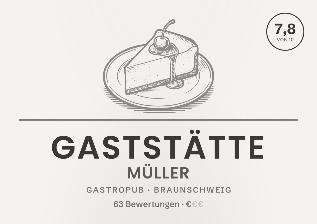 Illustriertes Poster von Gaststätte Müller, Gastropub in Braunschweig: Bewertung 7,8 von 10 aus 63 Bewertungen, Preisniveau €