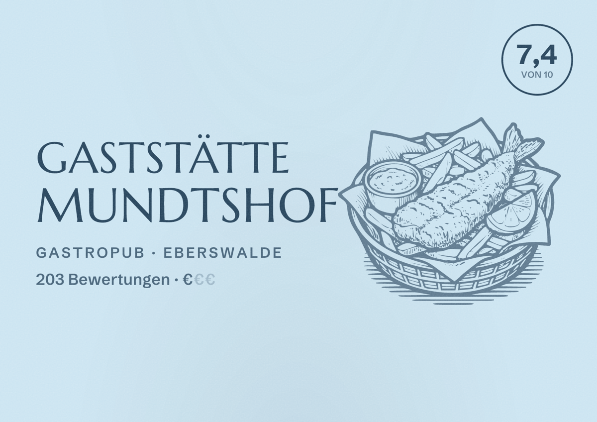 Illustriertes Poster von Gaststätte Mundtshof, Gastropub in Eberswalde: Bewertung 7,4 von 10 aus 203 Bewertungen, Preisniveau €