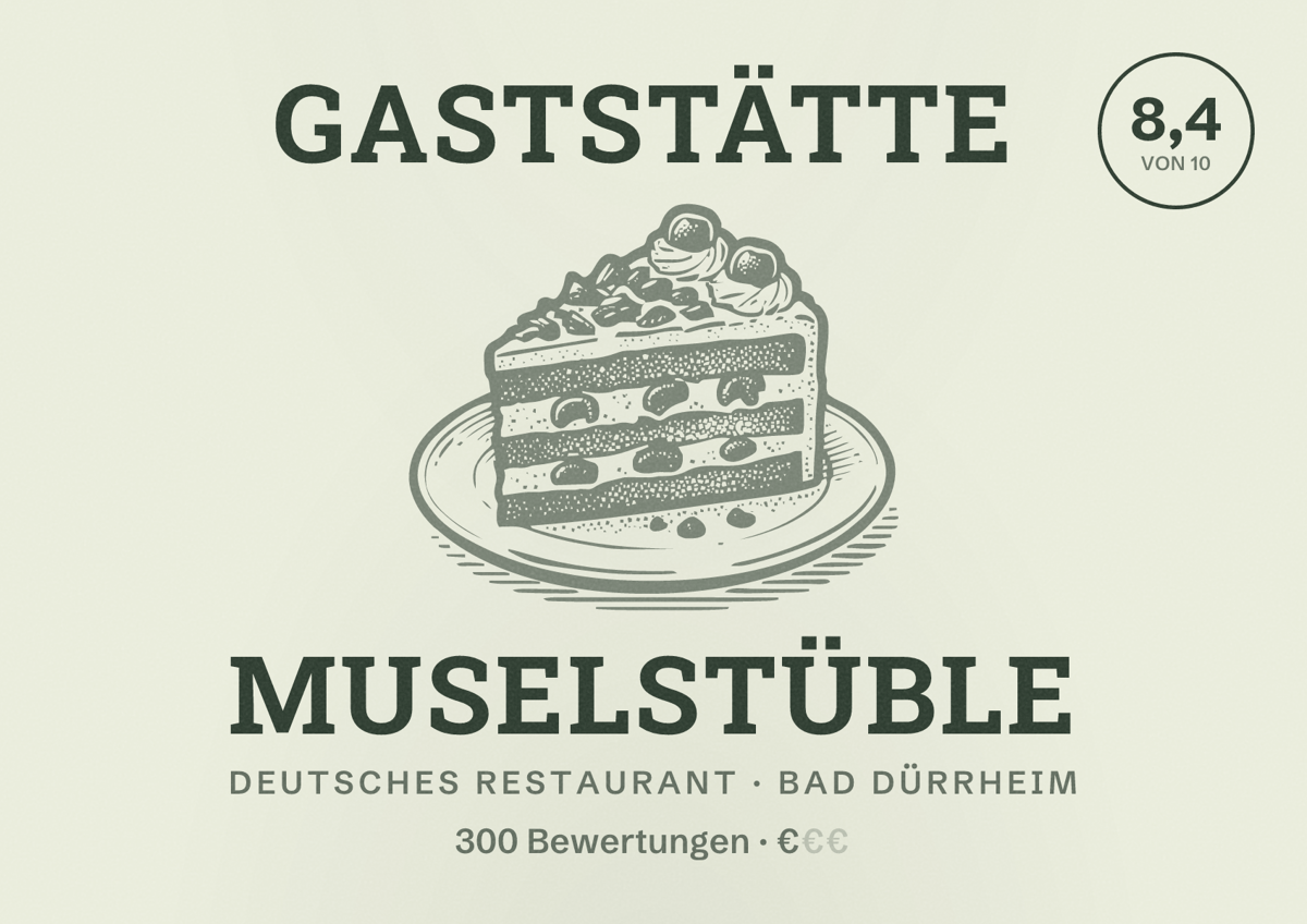 Illustriertes Poster von Gaststätte Muselstüble, Deutsches Restaurant in Bad Dürrheim: Bewertung 8,4 von 10 aus 300 Bewertungen, Preisniveau €