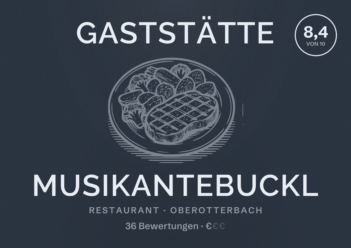 Illustriertes Poster von Gaststätte Musikantebuckl, Restaurant in Oberotterbach: Bewertung 8,4 von 10 aus 36 Bewertungen, Preisniveau €
