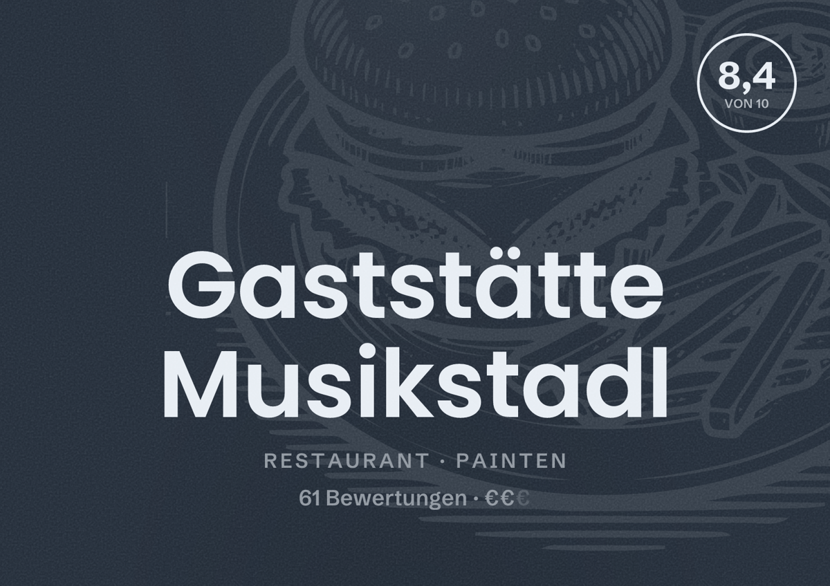 Illustriertes Poster von Gaststätte Musikstadl, Restaurant in Painten: Bewertung 8,4 von 10 aus 61 Bewertungen, Preisniveau €€