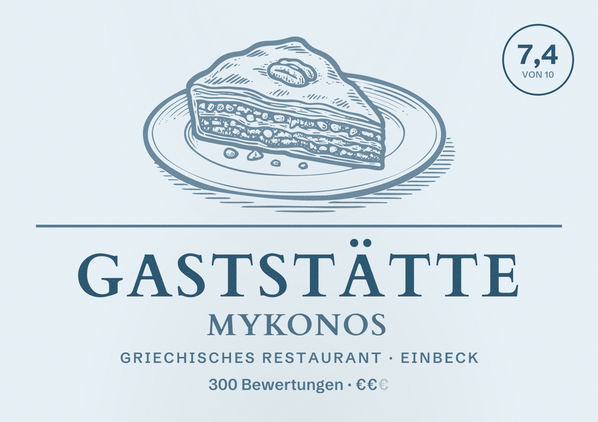 Illustriertes Poster von Gaststätte Mykonos, Griechisches Restaurant in Einbeck: Bewertung 7,4 von 10 aus 300 Bewertungen, Preisniveau €€