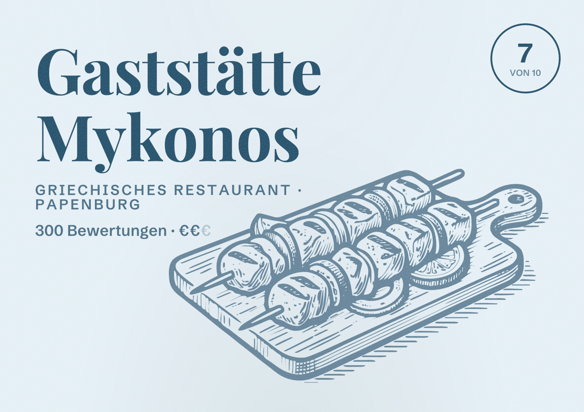 Illustriertes Poster von Gaststätte Mykonos, Griechisches Restaurant in Papenburg: Bewertung 7 von 10 aus 300 Bewertungen, Preisniveau €€
