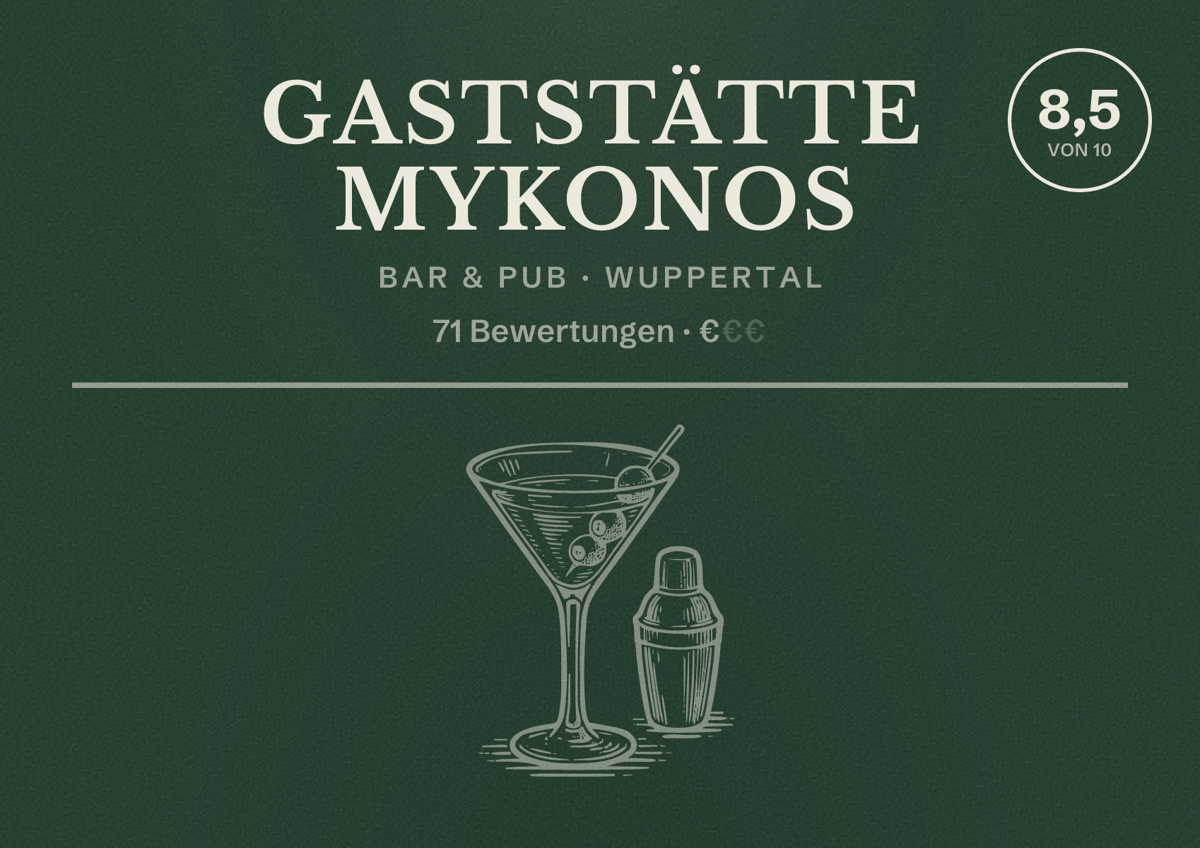 Illustriertes Poster von Gaststätte Mykonos, Bar & Pub in Wuppertal: Bewertung 8,5 von 10 aus 71 Bewertungen, Preisniveau €