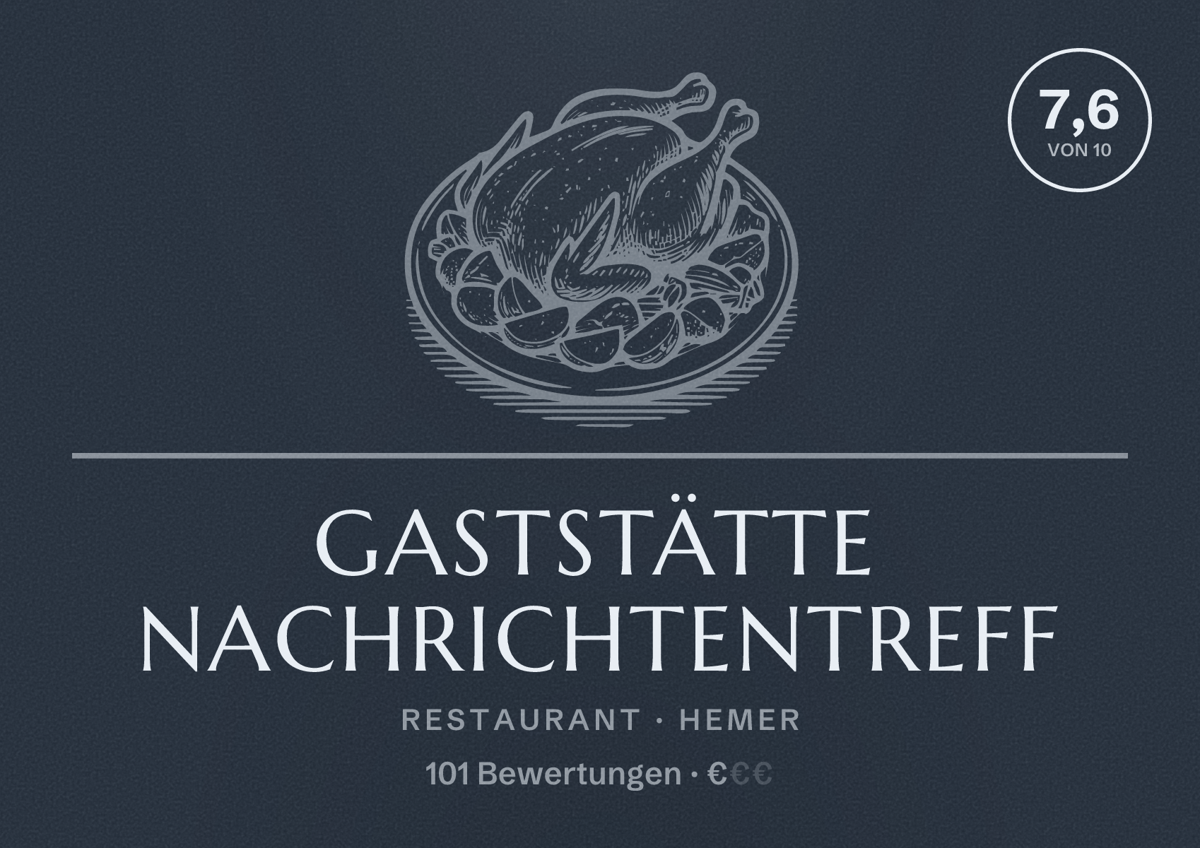 Illustriertes Poster von Gaststätte Nachrichtentreff, Restaurant in Hemer: Bewertung 7,6 von 10 aus 101 Bewertungen, Preisniveau €