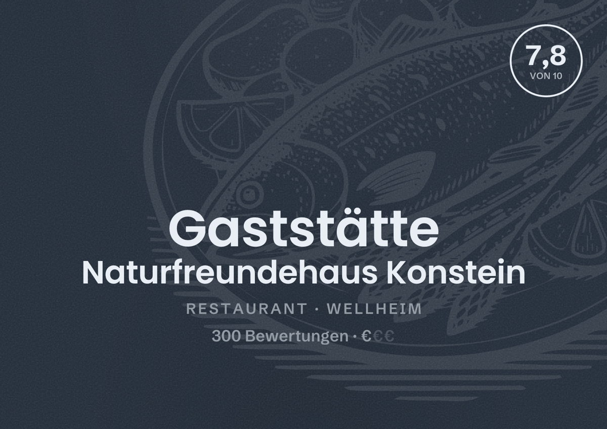 Illustriertes Poster von Gaststätte Naturfreundehaus Konstein, Restaurant in Wellheim: Bewertung 7,8 von 10 aus 300 Bewertungen, Preisniveau €