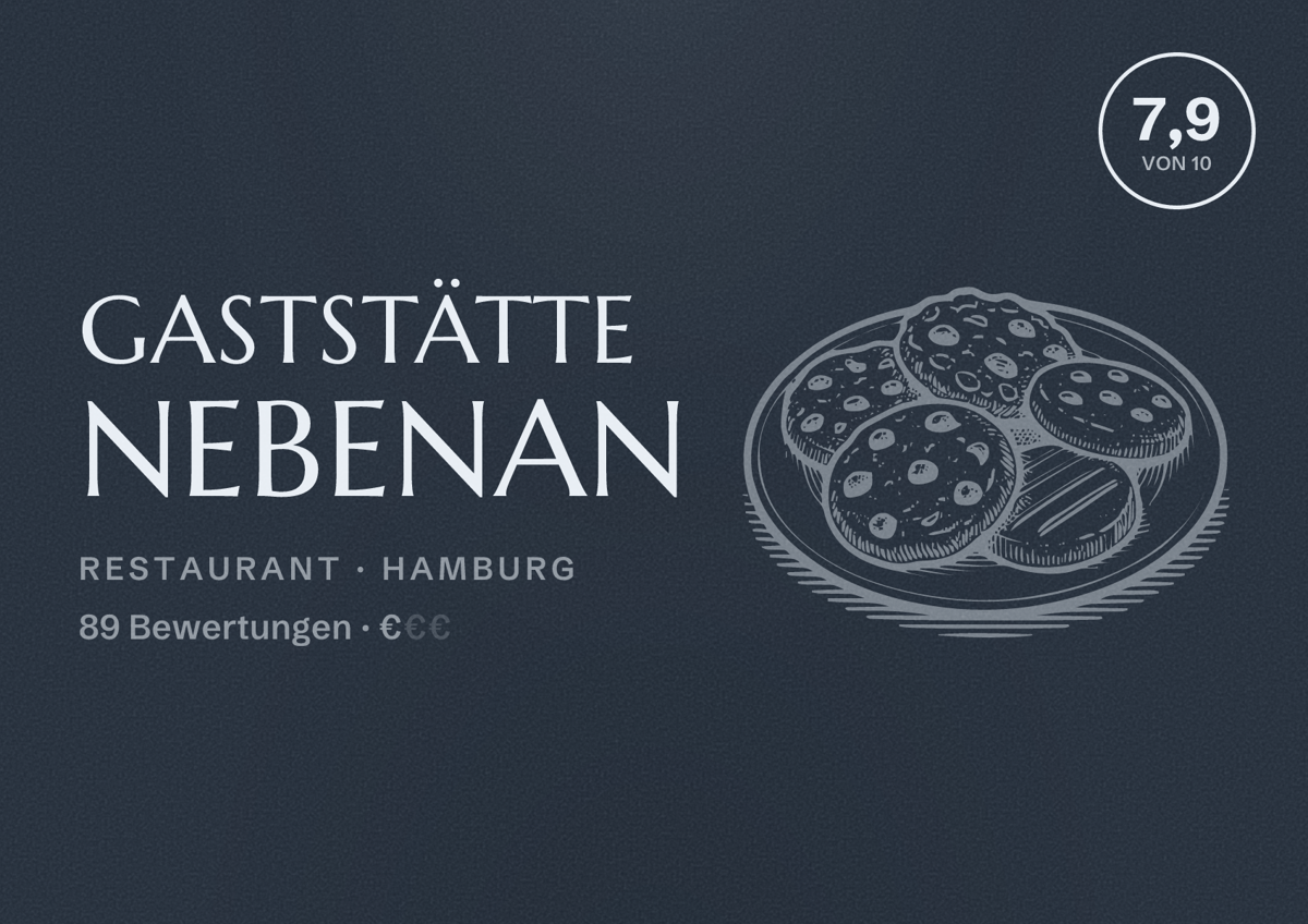 Illustriertes Poster von Gaststätte Nebenan, Restaurant in Hamburg: Bewertung 7,9 von 10 aus 89 Bewertungen, Preisniveau €