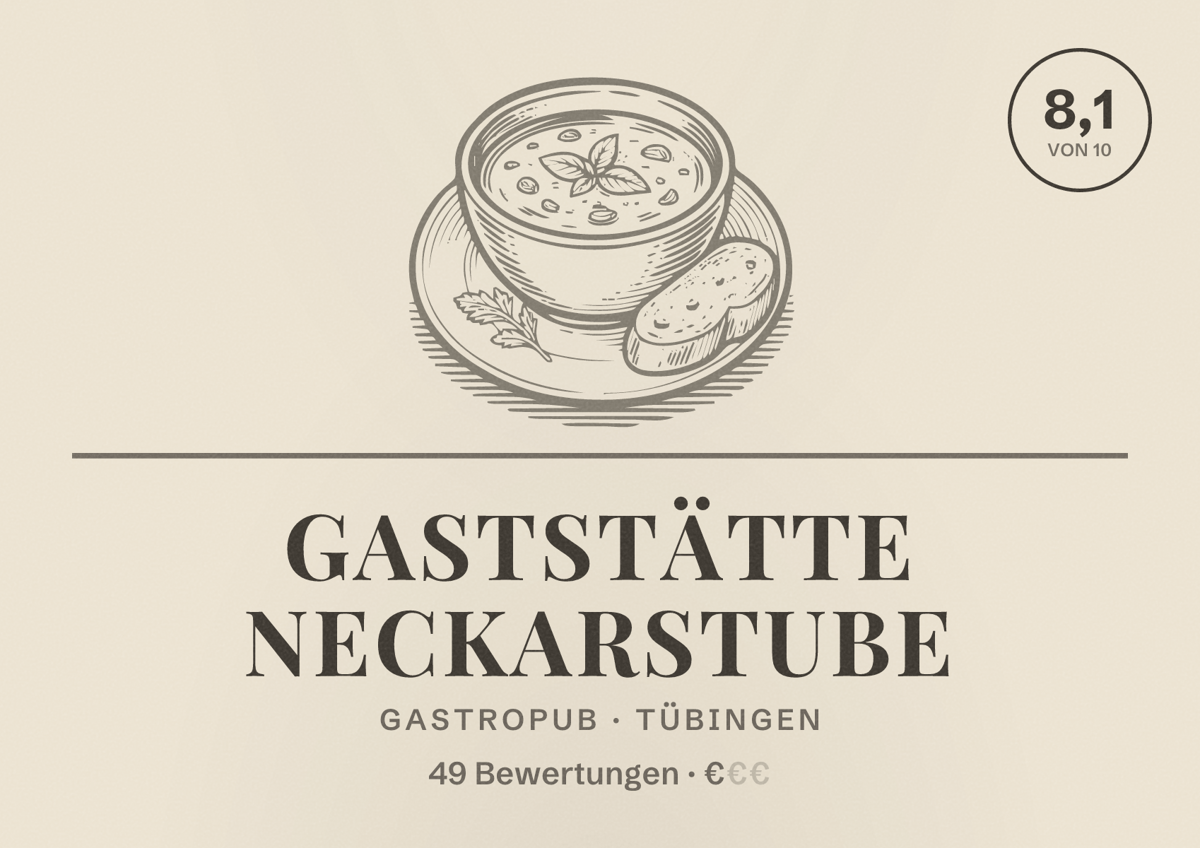 Illustriertes Poster von Gaststätte Neckarstube, Gastropub in Tübingen: Bewertung 8,1 von 10 aus 49 Bewertungen, Preisniveau €