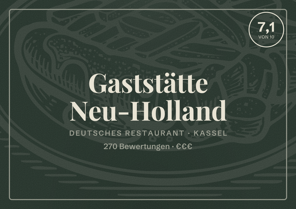 Illustriertes Poster von Gaststätte Neu-Holland, Deutsches Restaurant in Kassel: Bewertung 7,1 von 10 aus 270 Bewertungen, Preisniveau €€€