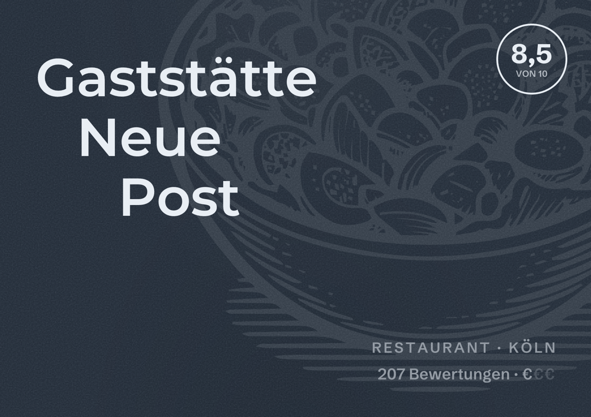 Illustriertes Poster von Gaststätte Neue Post, Restaurant in Köln: Bewertung 8,5 von 10 aus 207 Bewertungen, Preisniveau €