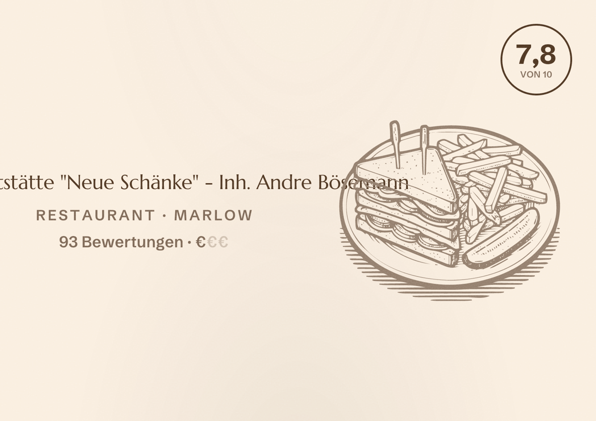 Illustriertes Poster von Gaststätte "Neue Schänke" - Inh. Andre Bösemann, Restaurant in Marlow: Bewertung 7,8 von 10 aus 93 Bewertungen, Preisniveau €