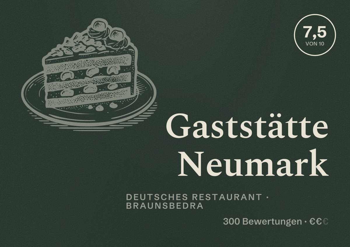 Illustriertes Poster von Gaststätte Neumark, Deutsches Restaurant in Braunsbedra: Bewertung 7,5 von 10 aus 300 Bewertungen, Preisniveau €€