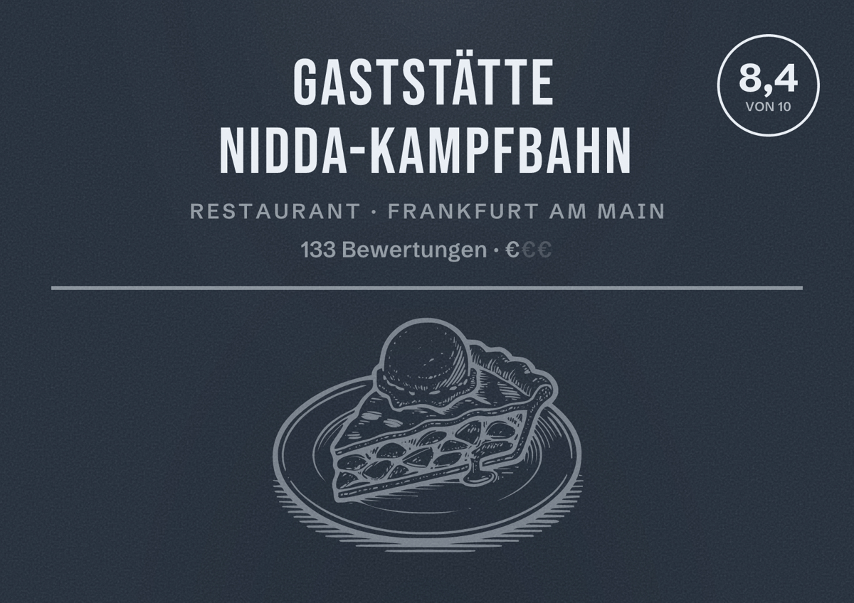 Illustriertes Poster von Gaststätte Nidda-Kampfbahn, Restaurant in Frankfurt am Main: Bewertung 8,4 von 10 aus 133 Bewertungen, Preisniveau €