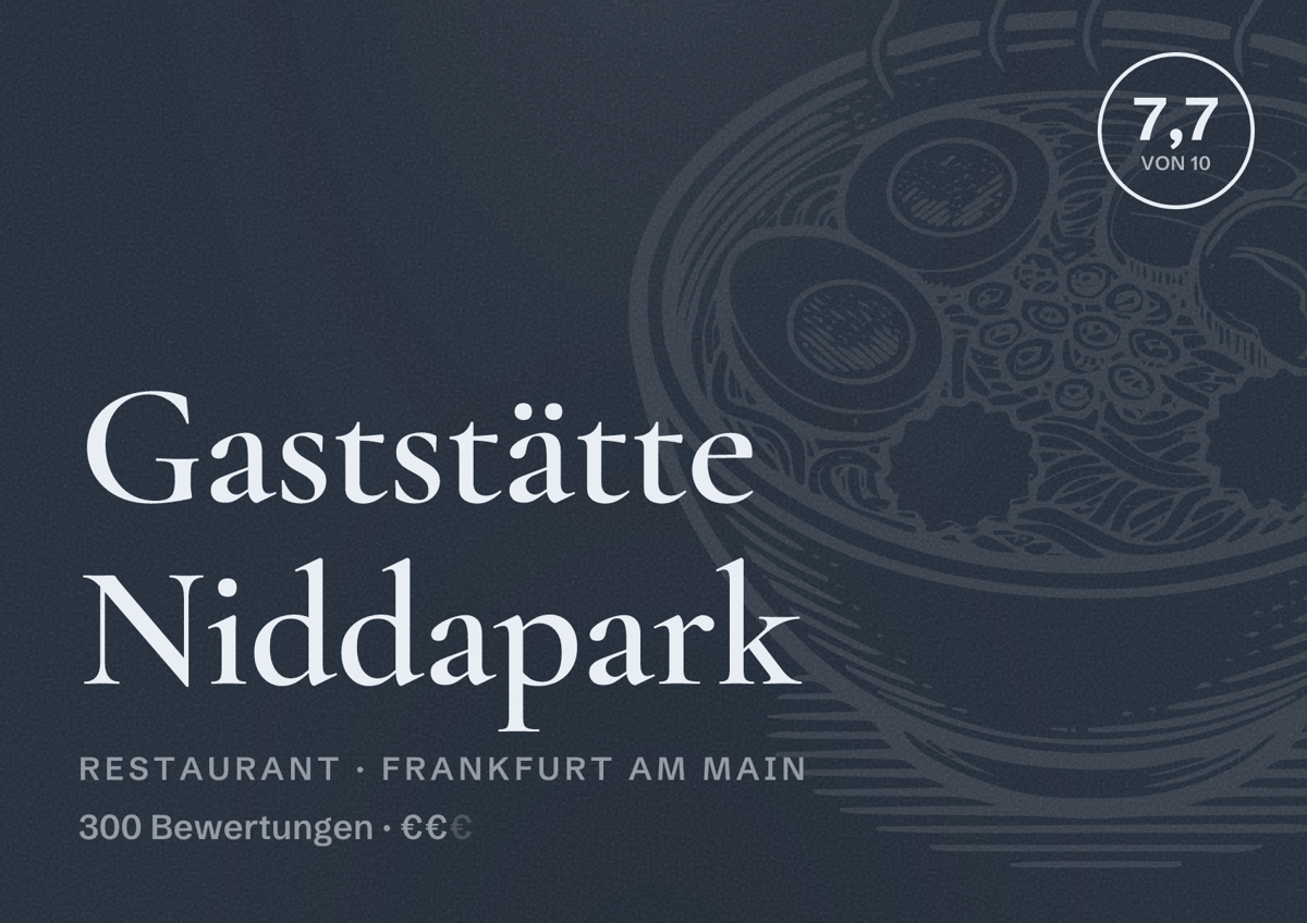 Illustriertes Poster von Gaststätte Niddapark, Restaurant in Frankfurt am Main: Bewertung 7,7 von 10 aus 300 Bewertungen, Preisniveau €€