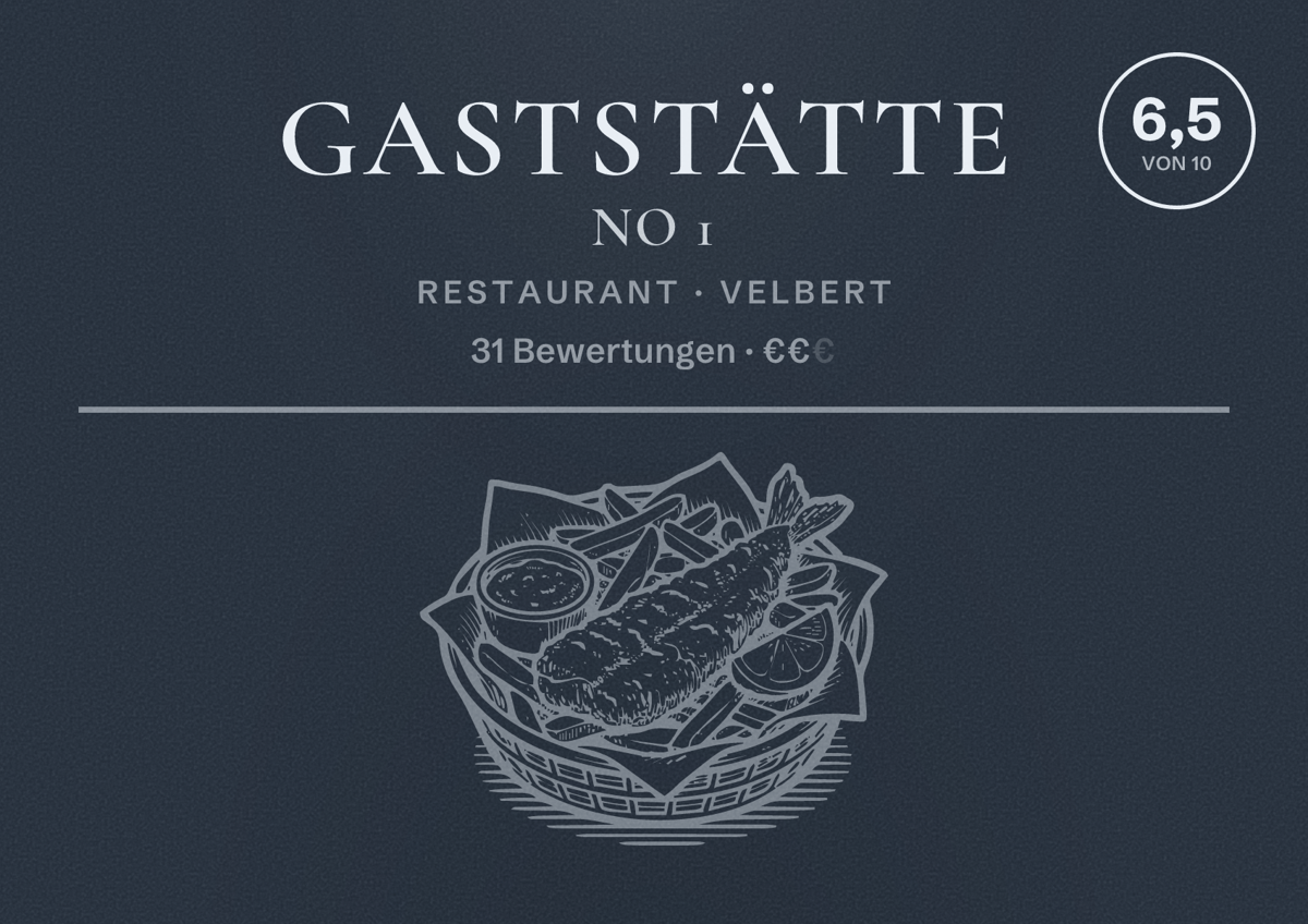 Illustriertes Poster von Gaststätte No 1, Restaurant in Velbert: Bewertung 6,5 von 10 aus 31 Bewertungen, Preisniveau €€